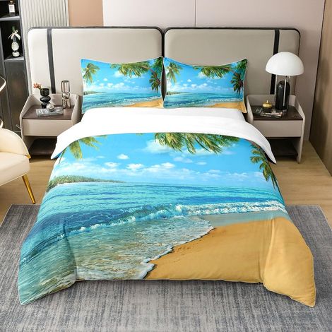 Parure de lit avec housse de couette de 135 x 200 cm, 100 % coton, motif de palmier tropical, thème océan, plage, pour enfants garçons et filles (1/5)