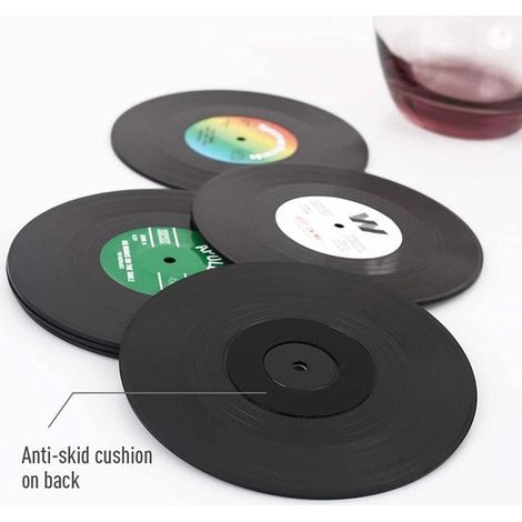Juego de 6 posavasos de 10,4 cm con diseño retro de disco de vinilo para bebidas frías y calientes. Protección antideslizante para la mes,10,4 cm (1/5)