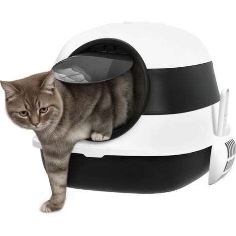 PawHut faltbare Katzentoilette mit Schwingtür und Fenster + inklusive Schaufel, schwarz-weiß (1/5)