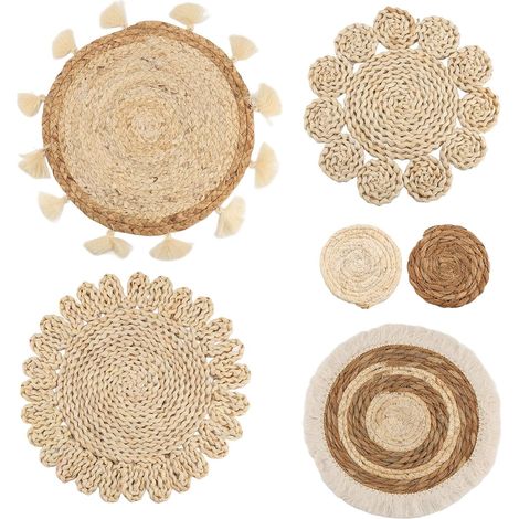 Lot de 6 paniers plats tressés en rotin pour décoration murale, glands faits à la main, paniers muraux floraux, décoration de canapé, table de chevet (1/5)