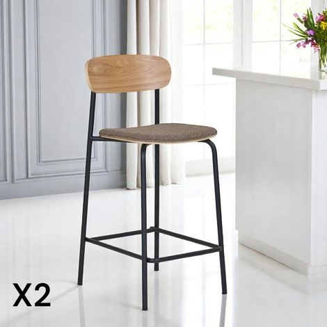 Chaise de bar en bois style écolier avec assise tissu marron (lot de 2) BERLIN (1/5)