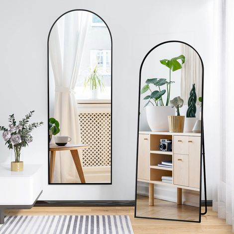 Miroir sur pied arqué 177 x 77 cm, cadre aluminium noir, verre HD, miroir mural, pour chambre salon salle de bain