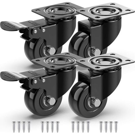 4 Roulettes Pivotantes Pour Meubles dont 2 avec Frein + Vis - 50mm Jusqu'à 200KG - Roulette Sans Traces au Sol pour Charge Lourde - Roue en Caoutchouc pour Chariot - Noires (1/5)