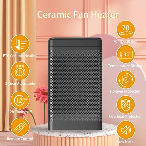 Petit radiateur soufflant céramique, 1500W Chauffage électrique Economie d'énergie avec télécommande, thermostat, protection contre la surchauffe et le basculement, minuterie 12h (1/5)