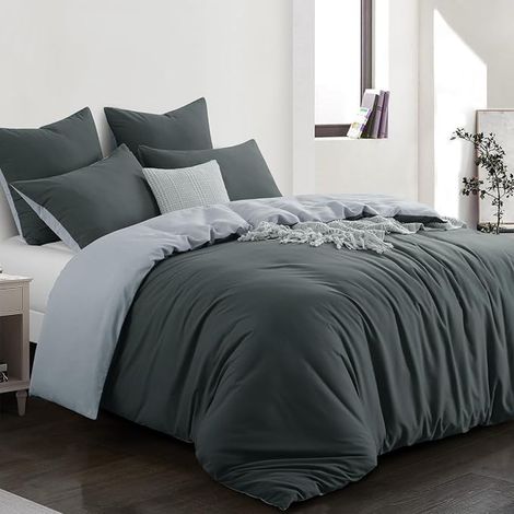 Copripiumino 220x240 Reversibile - Set Letto Bicolore Adulto 2 Persone con Chiusura Lampo, Federa 65x65, Antracite e Grigio Chiaro (1/3)