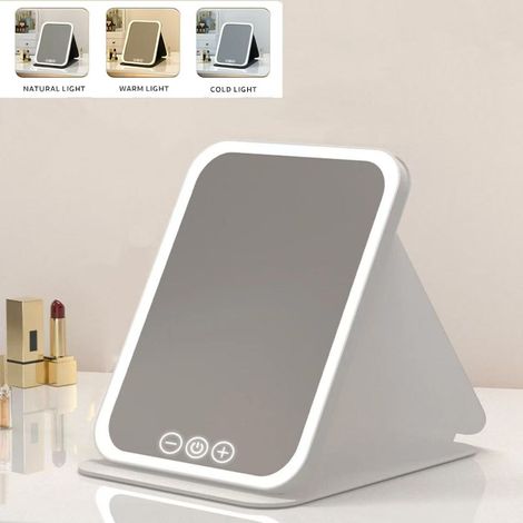 Miroir de courtoisie pliable à LED, à intensité variable, avec éclairage facial, idéal pour les voyages, la salle de bain et le bureau, blanc. (1/5)