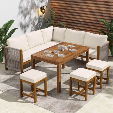 Salón de jardín de esquina 7 a 8 plazas con mesa, 3 taburetes y cojines, en madera de acacia y cuerda trenzada, beige natural (1/5)
