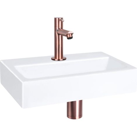 Differnz Flat kit lave-mains - 38x24x8cm - Rectangulaire - 1 trou de robinet - Robinet rose en cuivre droit - Céramique blanche (1/5)