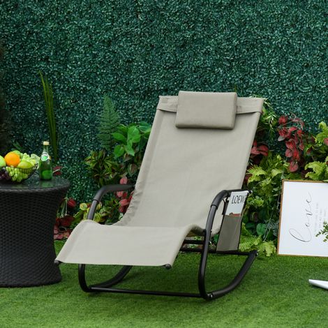 Mecedora de jardín con reposacabezas y bolsillo lateral, 150x62x88 cm, negro y gris. (1/4)