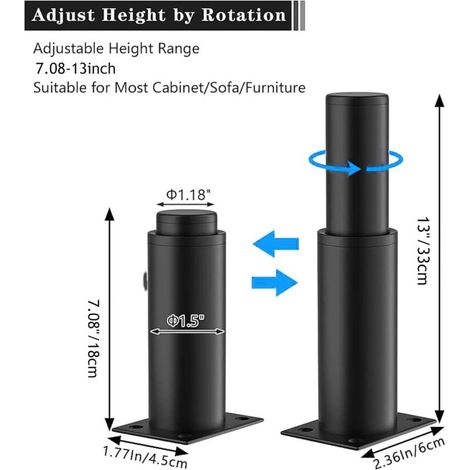 18 à 33 cm Pied de meuble en acier inoxydable réglable en hauteur - Noir - Épaissir - Pieds de meuble en acier - Pieds de meuble ronds avec tournevis - Pour armoire, table, canapé, lit