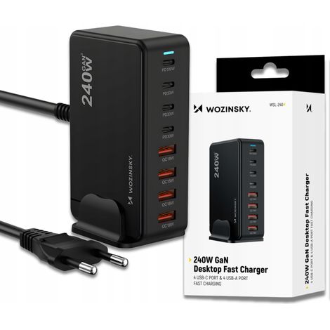 Stazione di ricarica da tavolo con 4 porte USB-A, 4 porte USB-C, GaN QC3, 240 W - Nera (1/5)