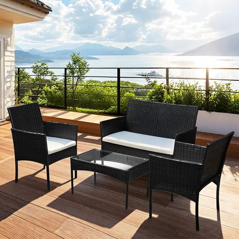 Randaco Gartenmöbel-Set 4-teilig aus Polyrattan mit 2 Sesseln, 2-Sitzer-Sofa, Glastisch und Kissen, Schwarz (1/4)