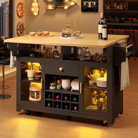 Carrello da cucina nero con LED RGB, ripiani pieghevoli e portabottiglie (1/5)