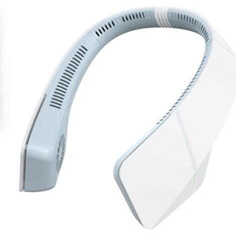 Ventilador de cuello manos libres sin aspas con 3 velocidades ajustables, recargable por USB-C, diseño de 360°, funcionamiento silencioso, para uso deportivo o de oficina, blanco y azul. (1/5)