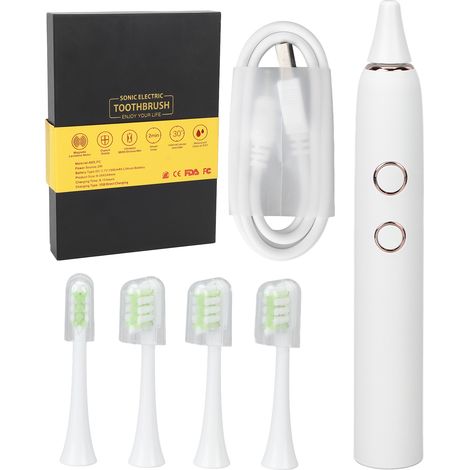 Brosse à dents électrique adulte étanche IPX7, 4 modes de nettoyage dentaire par vibrations, avec 4 têtes blanches (1/5)