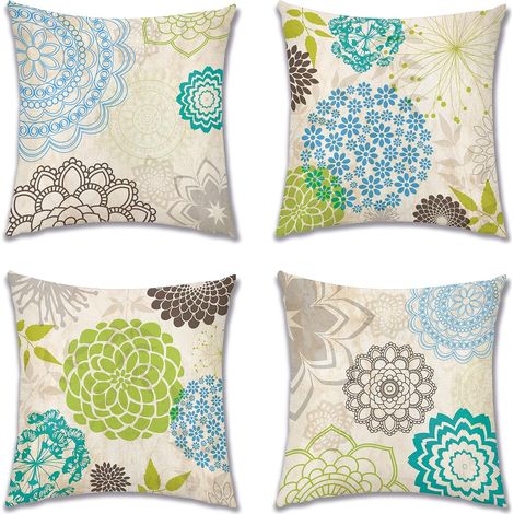 Housse de Coussin, Lot de 4 en Lin Canapé Taie d'oreiller pour Maison Salon Chambre Décoration D'intérieur, 45x45cm (Dahlia Bleu et Vert) (1/5)