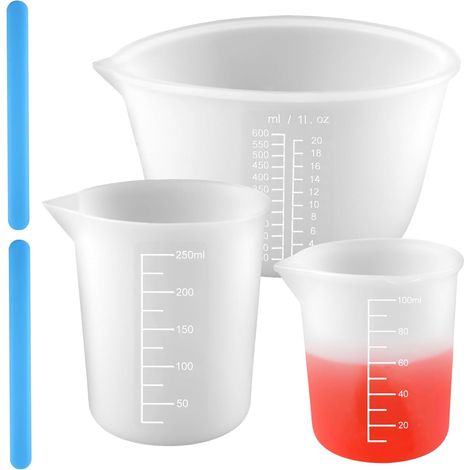 Set di 3 misurini in silicone con tacche graduate, misurini in silicone da 100 ml/250 ml/600 ml, con 2 bastoncini per mescolare, misurini riutilizzabili per resina epossidica, stampi per colata, proge (1/5)