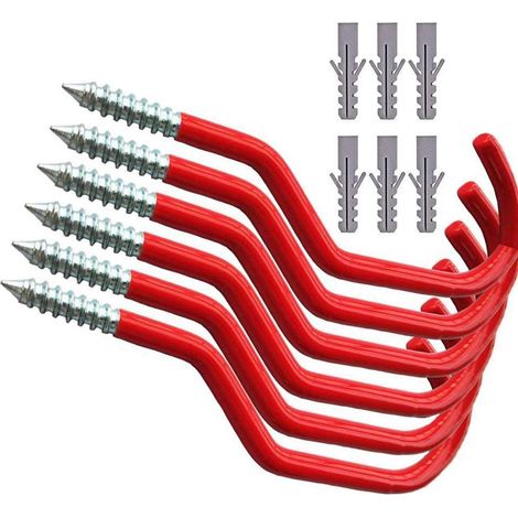 Juego de 6 ganchos para guardar bicicletas con fijación mediante tornillos y revestimiento de plástico rojo. (1/5)