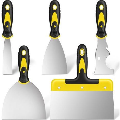 Lot de 5 Grattoirs Acier Inoxydable, Lames 4 à 25 cm, Poignée Caoutchouc, Pour Peinture Plâtre (1/5)