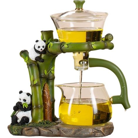 Service à thé en verre semi-automatique rotatif avec infuseur et théière en verre (panda vert) (1/5)