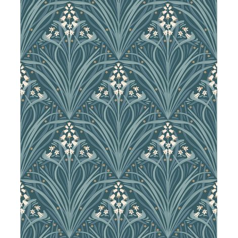 Papier peint Art Nouveau jacinthes bleu canard
