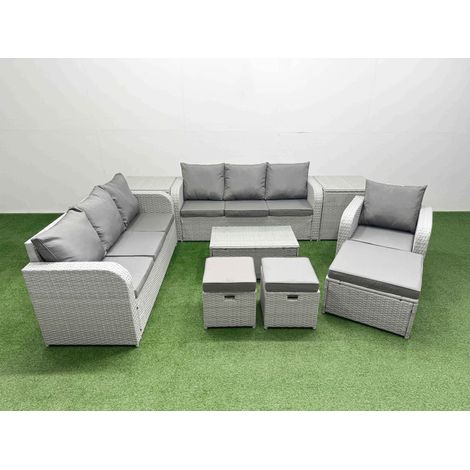 Fimous 10 Seater Poly Rattan Outdoor Garden Furniture Sofa Set Patio 3 Seater Sofa Reclining Chair 3 Seater Sofa 3 Stools 2 Side Table Light Grey (1/5)