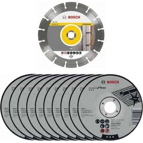 Bosch – Pack de 10 disques à tronçonner Ø125mm métal/inox – 1 disque diamant – Coupe rapide et précise – Pour meuleuses angulaires