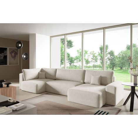 Wohnlandschaft mit Schlaffunktion ARONA XL Stoff Centaur Creme Ottomane Rechts