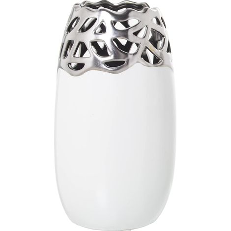Vase de Table en céramique Blanc et argenté 16 x 16 x 29 cm