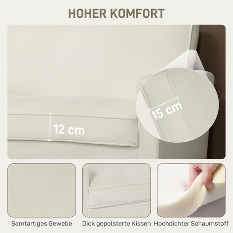 Canapé 2 places double blanc crème avec pieds en bois d'hévéa, assise rembourrée pour salon ou chambre (1/4)