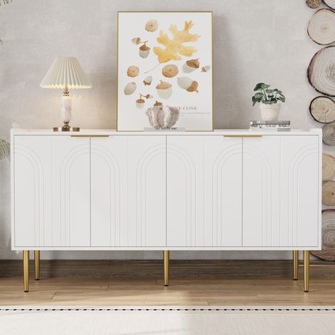 Sideboard (140 x 38 x 75 cm), 4 Türen, verstellbare Einlegeböden, vergoldete Eisenbeine, MDF, Weiß (1/5)