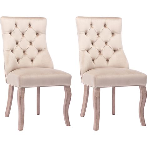 Lot de 2 chaises de salle à manger en velours avec dossier haut capitonné - Structure en bois massif - beige (1/5)