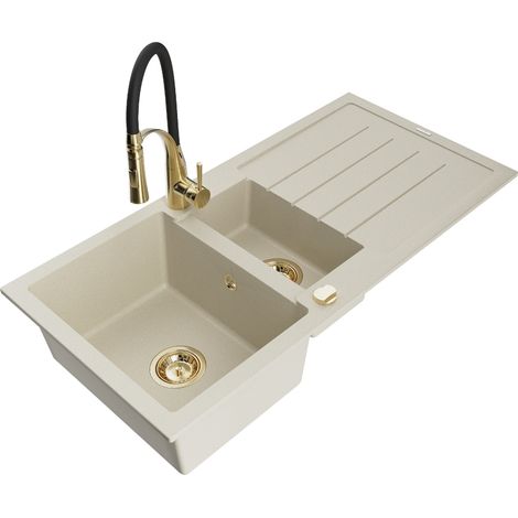 Mexen Andres évier en granit 1,5 bacs avec égouttoir et robinet de cuisine Aster, beige - 6515-69-73450-57-G (1/5)