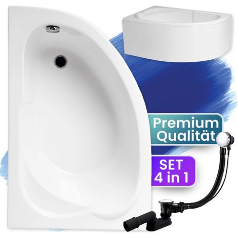 Badewanne Eckbadewanne 130x85 Links mit AcrylSchürze, Ablaufgarnitur & Füßen GRATIS - Komplettset 4in1 Original Acryl Wanne Siphon - BADLAND STANDARD