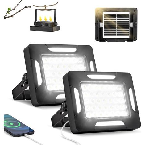 2 lámparas LED solares portátiles trípode, regulables, Luces trabajo recargables energía solar e imán, IP67, Foco portátil 5 modos iluminación (1/4)