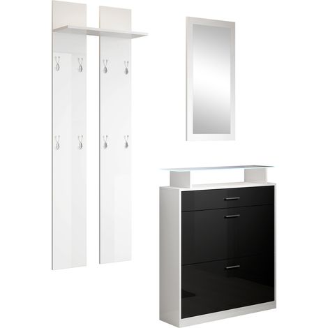Recibidor con Espejo y Perchero Zapatero Mueble de Entrada Mesa de Entrada Consola Luces LED Modelo Paola Blanco y Negro Brillo