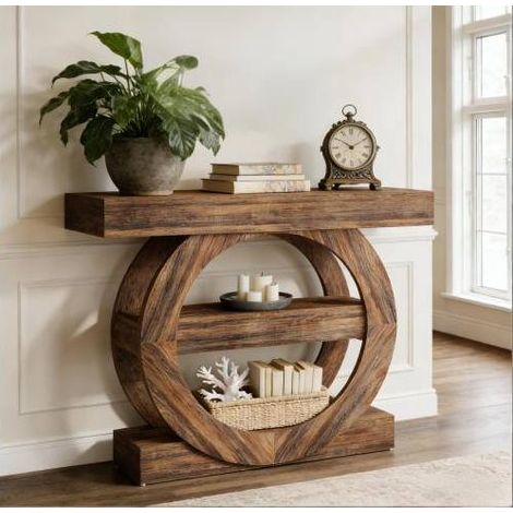 Table console d'entrée en bois 105 x 30 x 85 cm, 3 niveaux ouverts, marron rustique OKMYHOME (1/5)