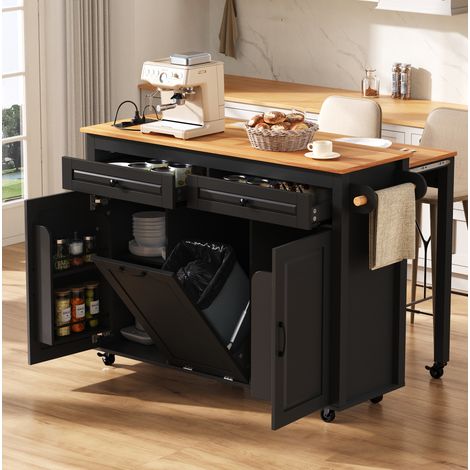 Îlot de cuisine 120x40-75x92 cm noir en MDF avec plan extensible, prises intégrées et roulettes (1/5)