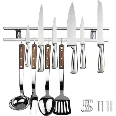 Soporte magnético para cuchillos, 40 cm, gancho supermagnético, soporte magnético doble para cuchillos con 4 ganchos, estante magnético de acero inoxidable para montaje en pared para guardar cuchillos (1/4)
