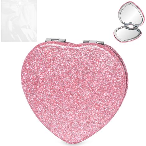 2X Miroir de Poche Portable, Miroir Pliant en Forme de Coeur Rose, Poche Rond Miroir Scintillant, Miroir Maquillage Poche avec Agrandissement, Miroir Sacs à Main Double Face pour Maquillage et Voyage (1/5)