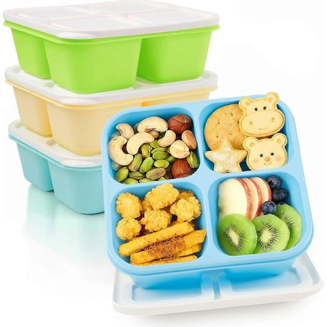 Boîtes à lunch Bento adultes - Lot de 4 4 compartiments réutilisables empilables sans BPA pour maison & travail. Couleurs bleu vert jaune vert gazon (1/5)