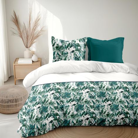Parure de Couette 240x260 cm 3 pièces Percale de Coton Douce Housse + taie Vert Modèle La Nomade (1/5)