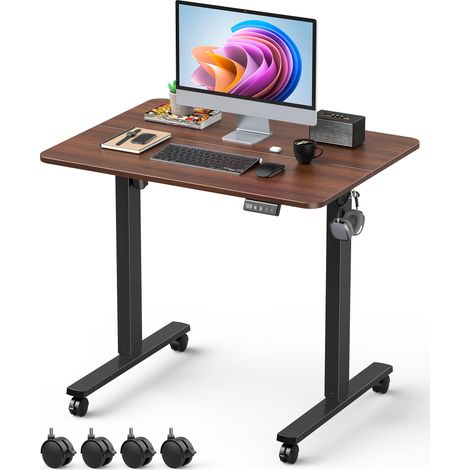 Petit bureau debout électrique réglable en hauteur, 80 x 60 cm, avec planche d'épissure, table ergonomique pour ordinateur à domicile avec préréglage de mémoire, cadre noir/dessus en noyer (1/5)