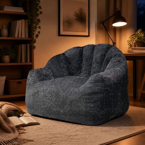 Sillón puff redondo ergonómico, amplio asiento, para relajación, tejido flannelette negro (1/5)