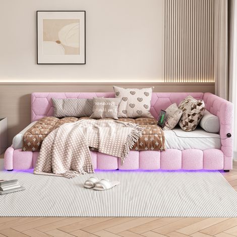 Sofá cama 90x200 cm con terciopelo rosa, luz LED ambiental de 16 colores, puerto USB y Type-C, estructura MDF y listones, para dormitorio, de CHICFURN (1/5)