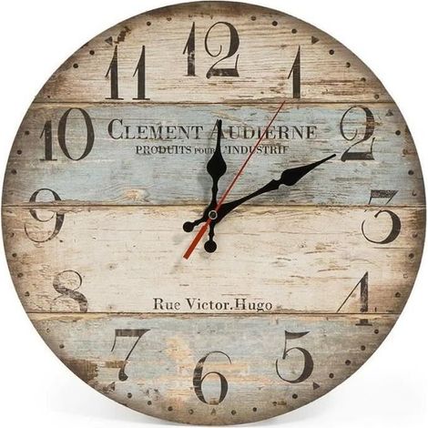 Horloge Murale - YYV - Vintage - Bois - Rond - Silencieuse - Rayures (1/4)