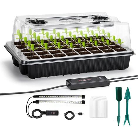 Kit de germination de semis (noir) 40 alvéoles avec 2 lampes de croissance à longue bande et un dôme d'humidité, pour le jardinage à domicile.