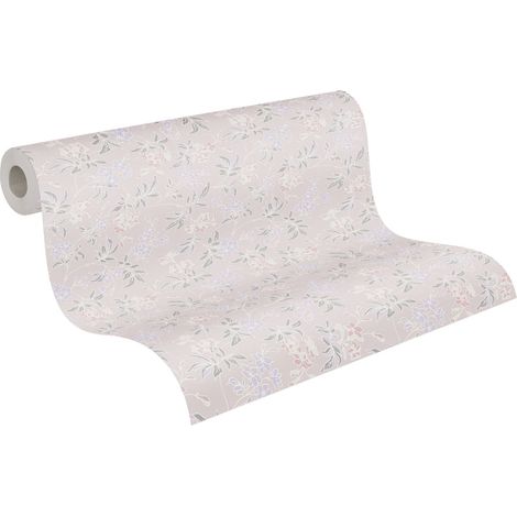 Papier peint à fleurs mauves, grises, roses Tapisserie floral cottage sur fond rose Papier peint intissé charme style anglais idéal salle de bains (1/5)