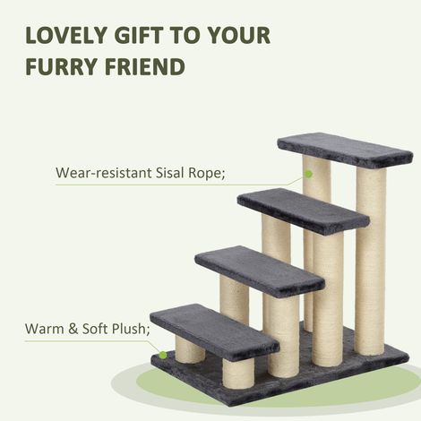 Escalier PawHut 4 marches pour chat, 59 cm de haut, rampe d'accès pour tous gabarits de félins, aide pour monter sur lit, canapé, fauteuil, gris