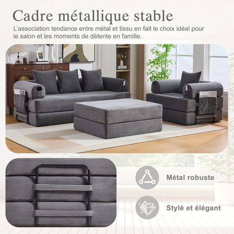 Canapé comprimé en velours côtelé modulaire 4 places incl. tabouret – avec cadre métallique stable, poche latérale et 4 coussins confortables. Rembourrage en mousse haute densité – combinaison libre e (1/5)